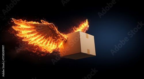 Box with fiery wings soaring against a dark background delivery concept