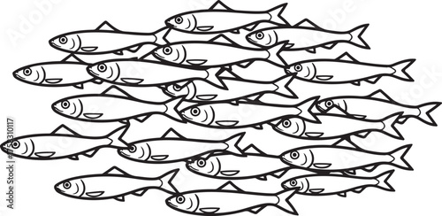 Black and White Outline Illustration of a School of Fish Swimming in a Group