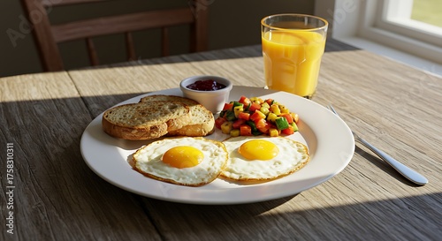 Breakfast meal with fried eggs toast and juice on a wooden table near a window