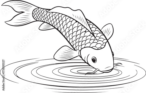 Black and White Line Art Illustration of a Fish Creating Water Ripples