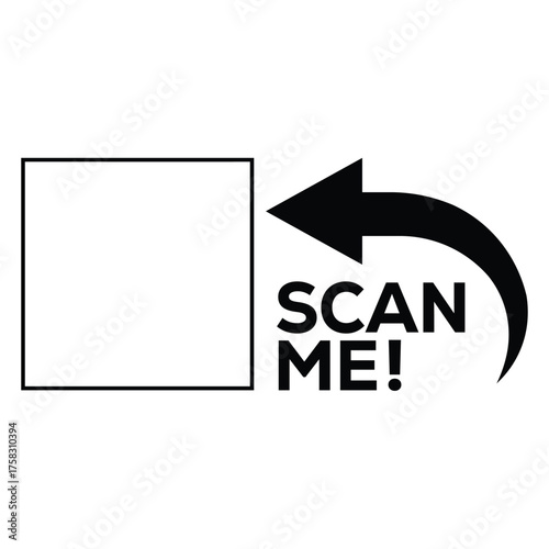 Black and white vector "SCAN ME!" call-to-action graphic. Large text and a curving arrow point to an empty square placeholder for a QR code or barcode. Minimalist, modern design.