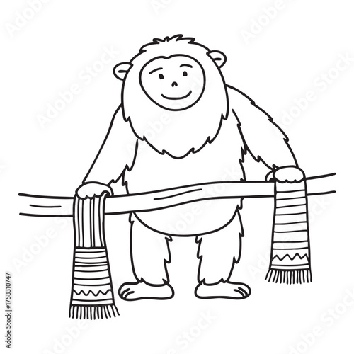 A yeti close to a scarf caught on a branch