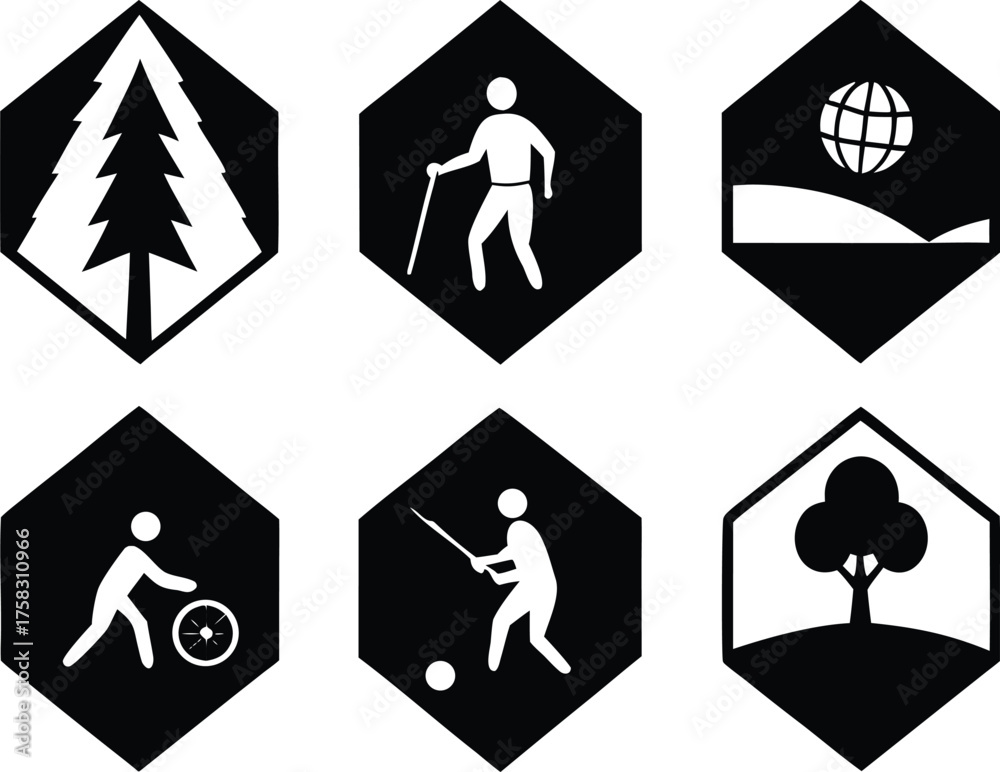 Obraz premium Outdoor recreation and sports silhouette icons set hexagonal grid vector bundle scalable eps format