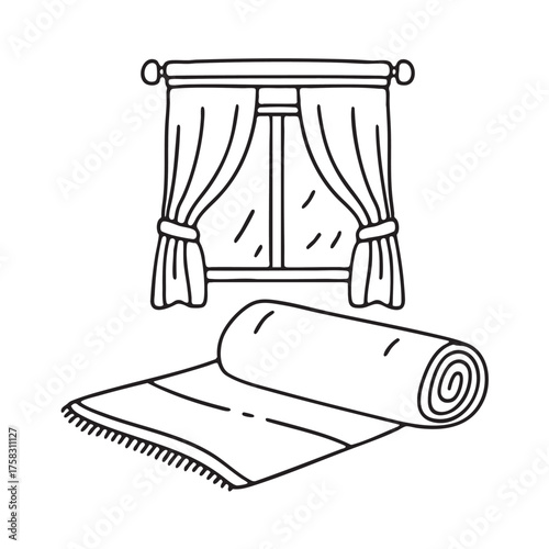 A yoga towel near a window with sheer curtains