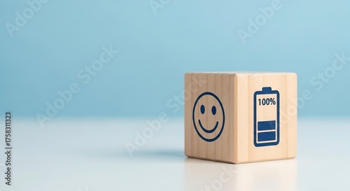 Mental Health in the work place, A wooden block featuring a smiley face and a battery icon, positivity and energy, set against a soft blue background.