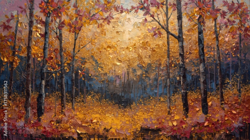 Obraz premium autumn forest , gold and lilac tones, gem texture and radiant shine