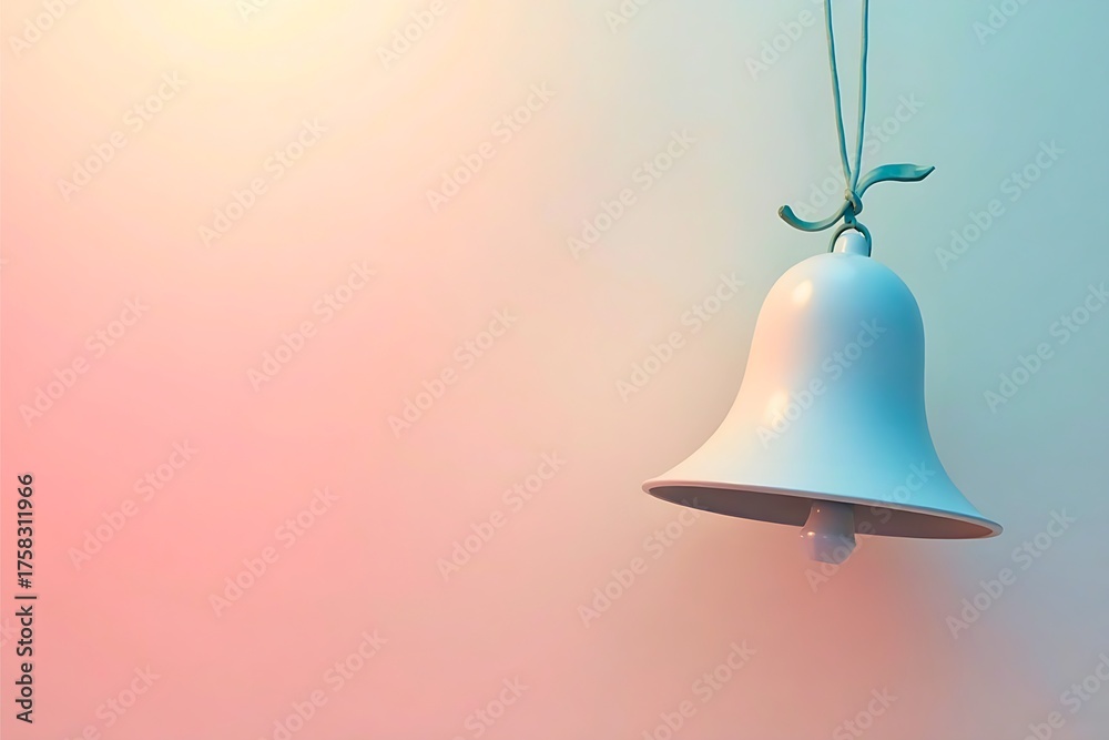 Obraz premium white bell hanging on rope against soft pastel gradient background, minimal aesthetic design