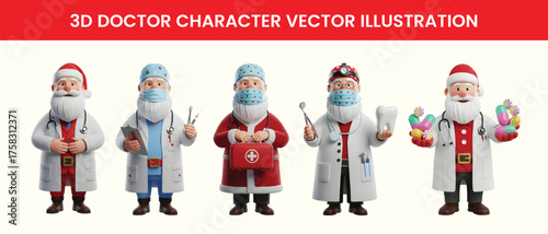 3D Christmas Doctor Santa Claus Characters Vector Illustration Medical Professional Cartoon Set