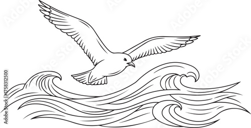 Flying Seagull Over Ocean Waves Line Art Illustration