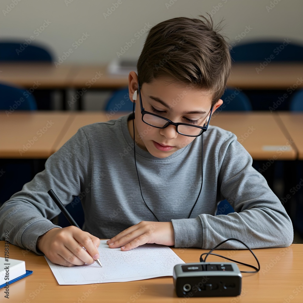 Naklejka premium Student Studying with Braille Paper and Audio Device