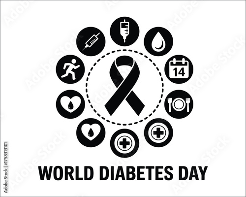 World Diabetes Day Icon Awareness, Health, and Support in Monochrome
