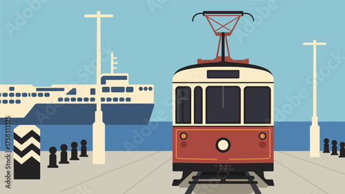 A tram on the pier with a ship in the background and a light blue sky on a sunny day in a port city