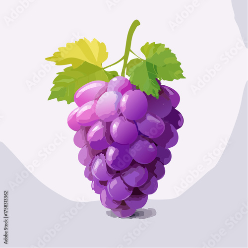 A plump purple grape resting delicately on its stem with smooth texture and radiant highlights.
