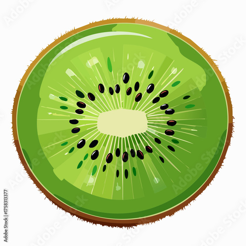 A fresh kiwi sliced vertically showcasing its radiant green flesh and symmetrical black seeds.