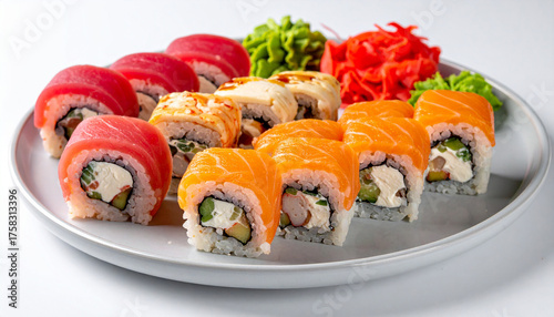 Sushi rolls on ceramic plate. Tasty Asian food. Delicious meal. Cooking and culinary concept.