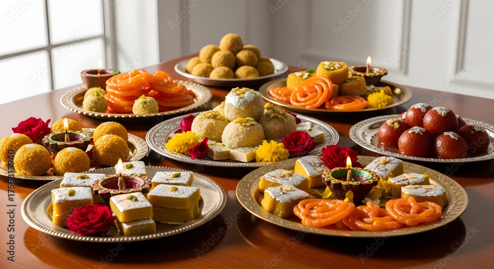 Fototapeta premium Grand Assortment of Traditional Indian Mithai Sweets and Lit Diyas for Festival Feast