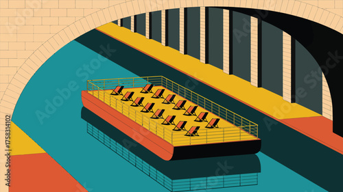 A barge with lounge chairs floats on water under a bridge with arches and pillars in the background