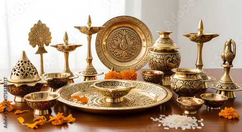 Extensive Collection of Ornate Traditional Indian Brass Pooja Items and Ritual Objects