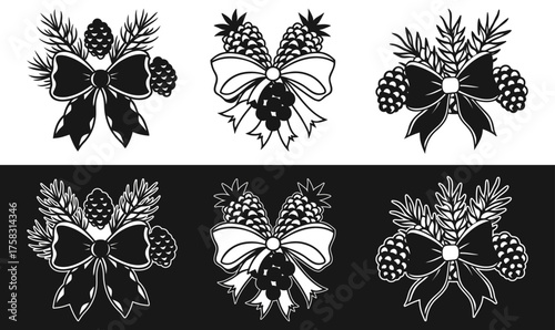 Set of Christmas Bows with Pinecones and Pine Needles Silhouette Vector Icons