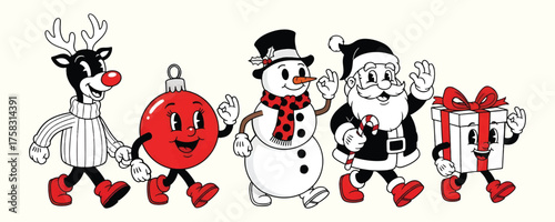 Christmas Cartoon Holiday Characters Parade Reindeer, Ornament, Snowman, Santa, Gift Box Walk Together
