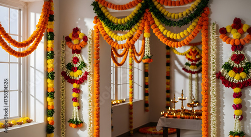Grand room entrance lavishly decorated with vibrant marigold and floral garlands for a festive Indian celebration.