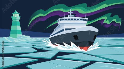 A ship sailing through icy waters near a lighthouse under the northern lights at night illustration
