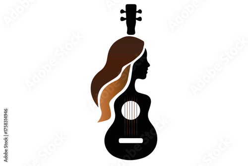 Kobieta gitara, logo muzyczne, logo z gitarą i strunami, kobieta w kształcie gitary