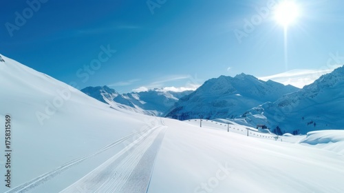 High Aerial Drone View Modern Ski Resort Snowy Mountains Groomed Slopes Chairlifts Minimalist Buildings Winter Sports