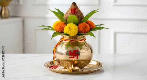 Auspicious Brass Kalash Pot Adorned with Marigold Flowers, Mango Leaves, and Coconut for Hindu Puja Rituals