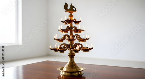 Traditional South Indian Brass Nilavilakku Oil Lamp with Multiple Lit Wicks on a Wooden Table