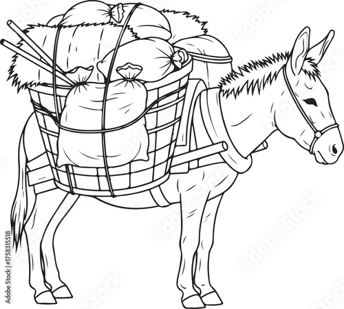 Line Drawing of a Pack Donkey Carrying a Heavy Load in Panniers