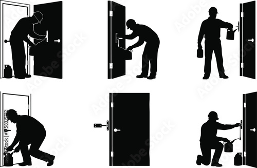 Door maintenance silhouette, installation, painting, repair, keypad lock, worker tools, home improvement, construction, DIY, hardware, brush, threshold, closer, technician, kneeling, crouching, 