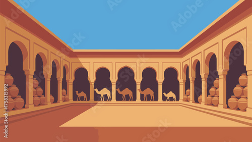 Illustration of a desert courtyard with camels and pottery under a clear blue sky in a simple style
