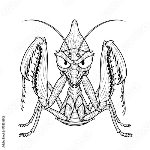 Dynamic monochrome line art of an orchid mantis character with an angry and fierce fighting expression