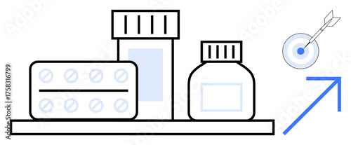 Pill blister pack, medicine bottles on a shelf, blue target with arrows, upward arrow suggesting improvement. Ideal for healthcare, strategy, achievement, success, progress pharmacy wellness