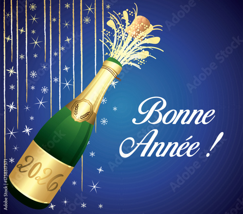 Bonne année 2026. Carte de vœux bleue et or en français. Illustration vectorielle. Fond festif.	