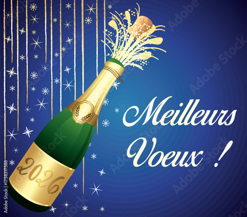 Meilleurs vœux. Bonne année 2026. Carte de vœux bleue et or en français. Illustration vectorielle. Fond festif.	