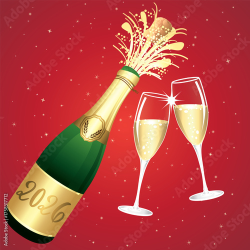 Champagne toast. Red and gold Happy New Year 2026 or Congratulations Greeting card. Champaign bottle festive background. Vector illustration.	