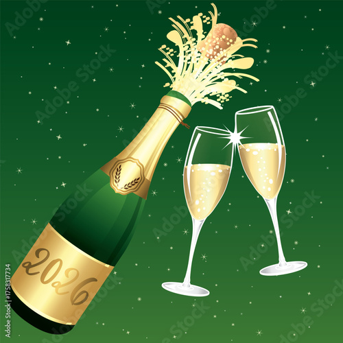 Champagne toast. Green and gold Happy New Year 2026 or Congratulations Greeting card. Champaign bottle festive background. Vector illustration.	
