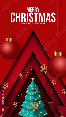Vertical looping Christmas animation featuring a stylized tree with ornaments, falling snowflakes, and hanging baubles on a red layered background. Ideal for holiday stories, ads, or greetings.