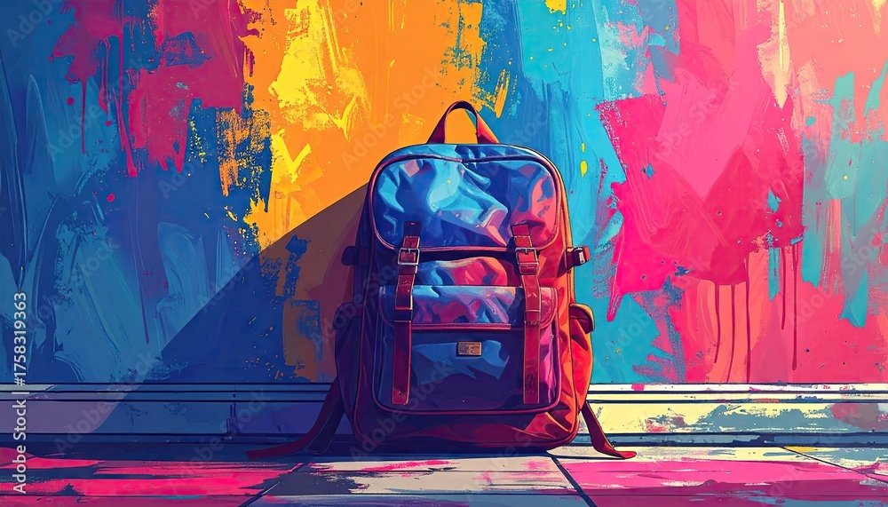 Fototapeta premium Blue Backpack Against Vibrant Graffiti Wall