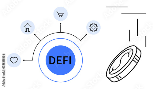 DeFi platform hub surrounded by icons for heart, house, shopping cart, and gear. Coin symbolizes digital currency. Ideal for blockchain technology, DeFi, crypto, innovation finance investment