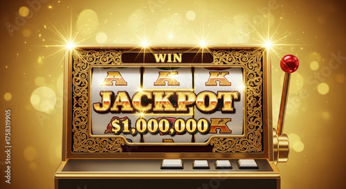 Golden casino slot machine with jackpot win isolated on gold background