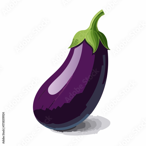 A deep purple eggplant with a glossy skin curves gently, showcasing its smooth, dark form.