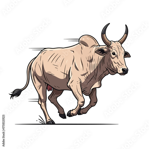 Energetic zebu cattle character galloping with dynamic motion blurs in a powerful vector illustration