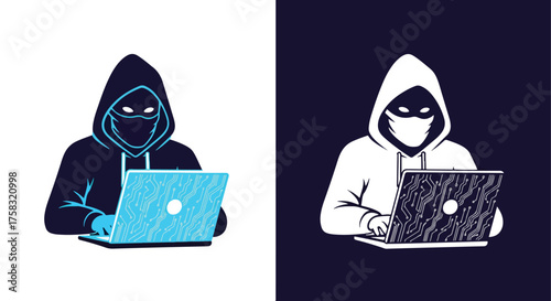 Hacker with laptop icon set cyber security and online crime concept artistic representation -  Glyph solid icon - Editable modern style icon.