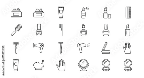 Line art illustration of various beauty and personal care products