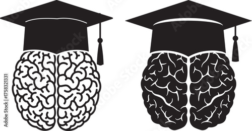 Two graduation caps on brain silhouettes
