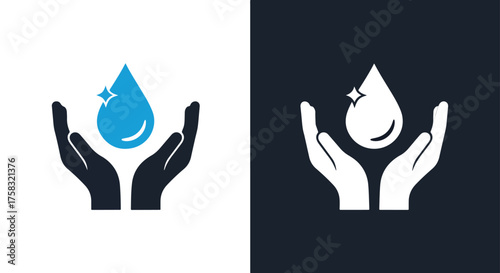 Hands protecting water droplet icons set for cleanliness and conservation -  Glyph solid icon - Editable modern style icon.
