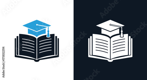 Graduation cap on open book icon set for education and learning websites -  Glyph solid icon - Editable modern style icon.